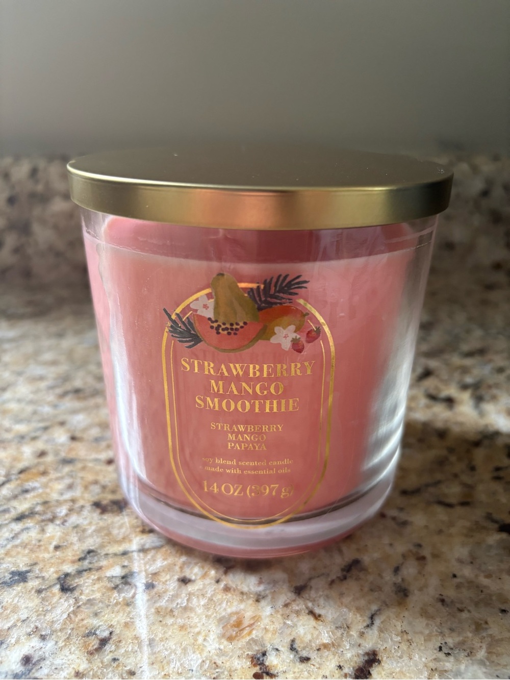 NWT Sonoma Strawberry Mango Smoothie 3 Wick Candle - Pink & Gold